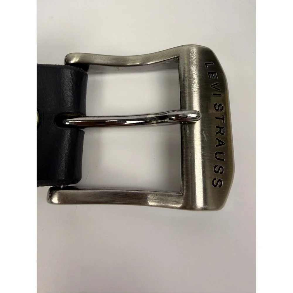 Levis Mens Leather Belt Black Size 38 Silver Tone Harness Buckle Logo Engraved